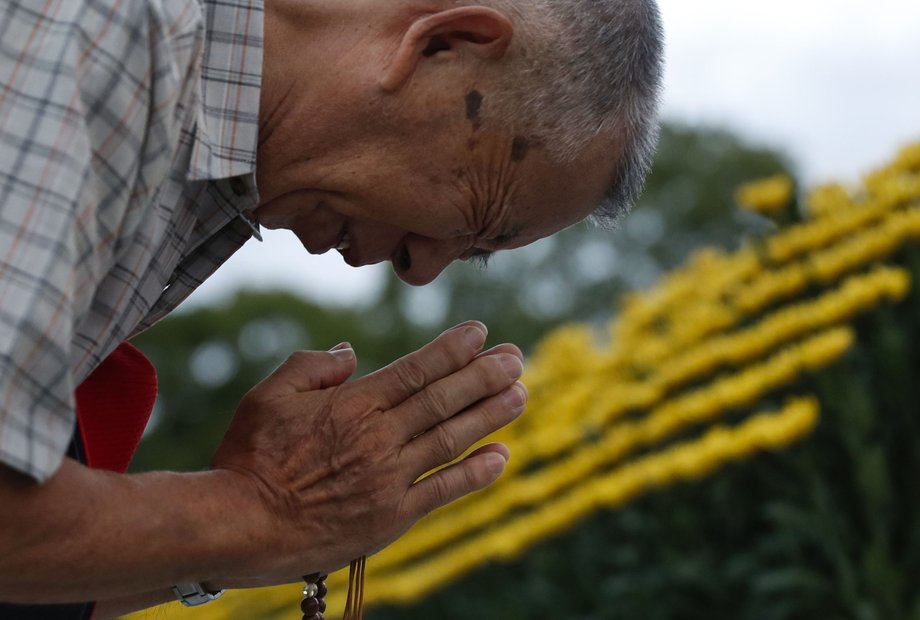 A man prays in front of the cenotaph for A-bomb victims at the Peace Memorial Park in Hiroshima, on Aug. 6, 2019, as the western Japan city marked the 74th anniversary of the U.S. atomic bombing.  A man prays in front of the cenotaph for A-bomb victims at the Peace Memorial Park in Hiroshima, on Aug. 6, 2019, as the western Japan city marked the 74th anniversary of the U.S. atomic bombing.